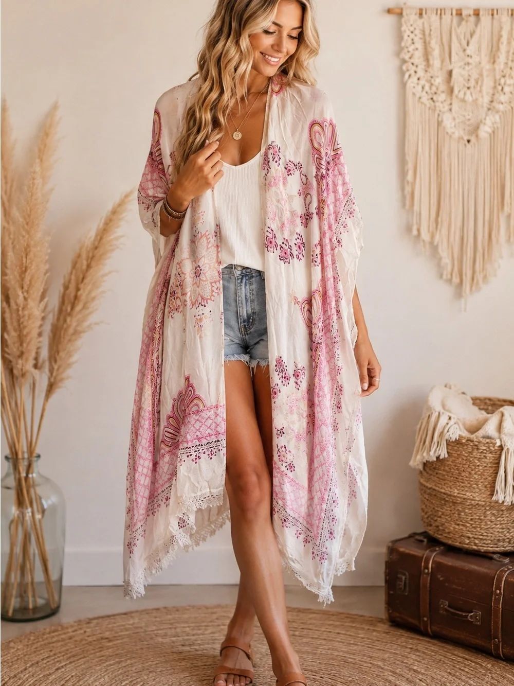 Say What? Pink and White Printed Boho Duster